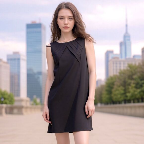 Dress Barn Satin Pleated Shift Dress Women’s 12 Brown Sleeveless Career Formal - Picture 2 of 13